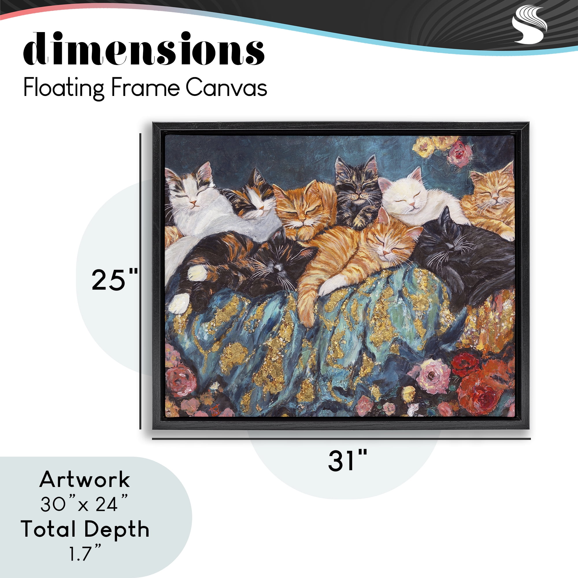 Sleepy Kitty Crowd with Flowers Black Framed Floater Canvas Wall Art, design by Sara Culpepper