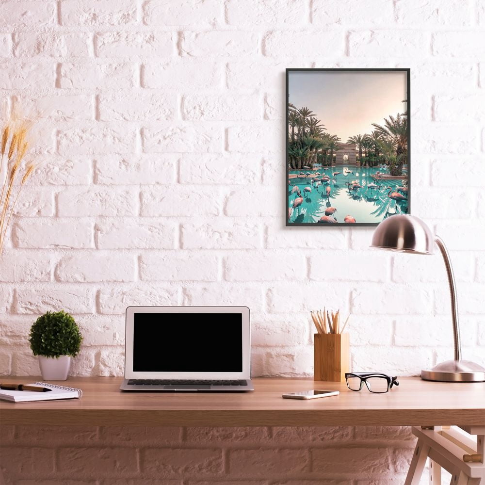 Stupell Industries Tropical Pink Flamingo Pool Relaxed Reflection Palm Trees Framed Wall Art Design by Ziwei Li, 24" x 30", Black Framed