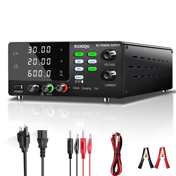 KUAIQU 30V 20A 600W High Power DC Power Supply, Adjustable Regulated Bench Supply with OCP Memory for 12V 24V Li-Ion LiFePO4 Battery Charging