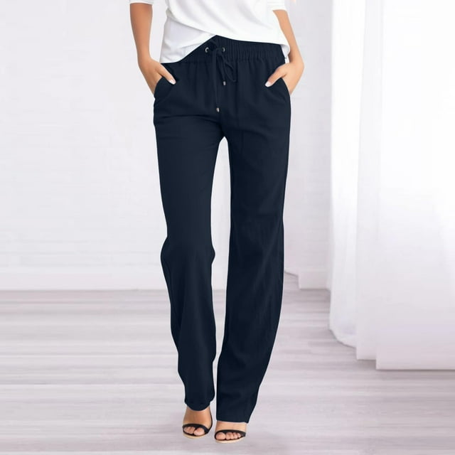AherBiu Linen Pants for Women High Waisted Drawstring Slimming Straight Leg Casual Solid Color Beach Pants with Pockets