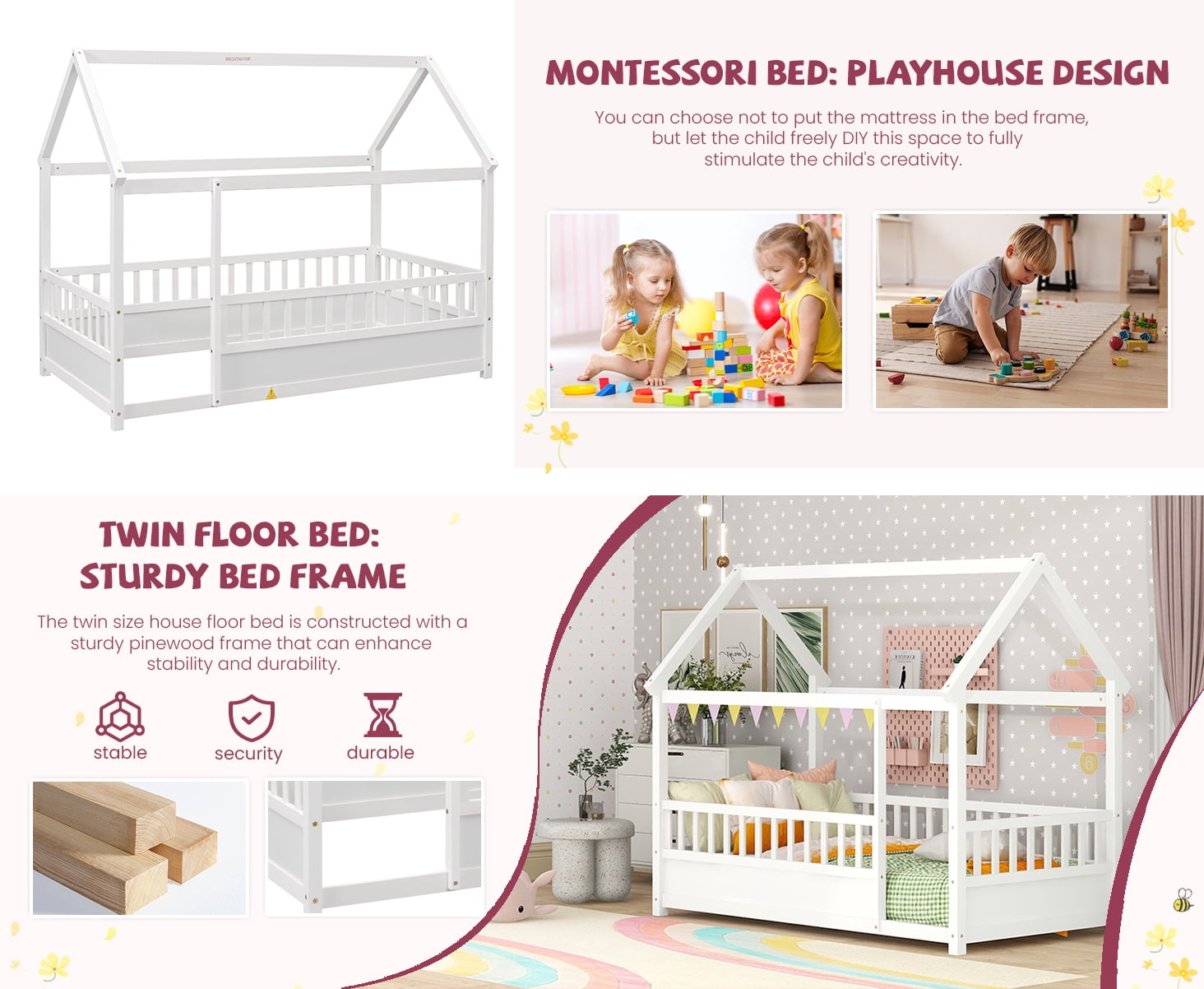 Bellemave Twin Size House Floor Bed with High Fence Guardrails Wooden Playhouse Bed Frame Twin Floor Bed with Roof Montessori House Bed Frame (Twin, White)