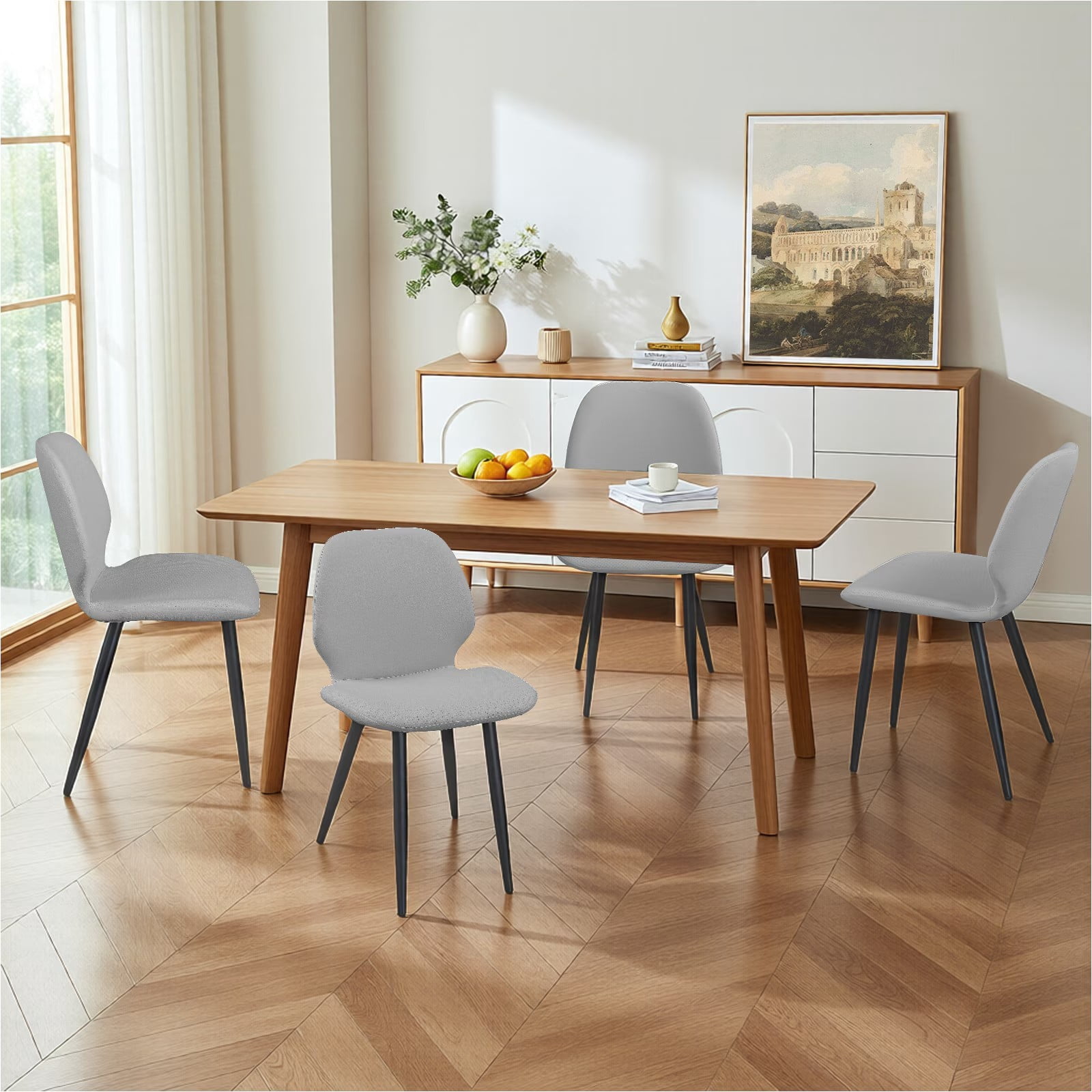 Light Grey Leather Dining Chairs Set of 4, Shell Back Upholstered Kitchen Dining Chairs with Metal Legs for Dining Room, Living Room