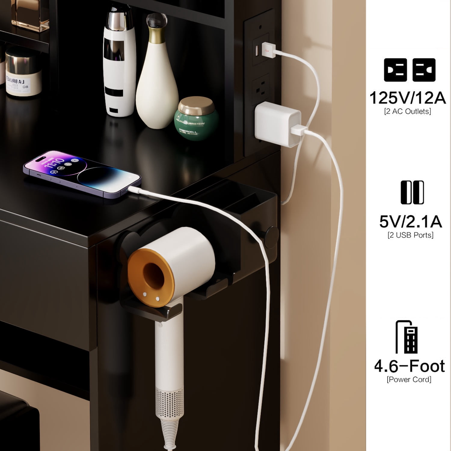 PORKISS Black Makeup Vanity Table Set, Modern Makeup Vanity with Full Body Mirror Cabinet, Power Station and Stool, Wood Vanity LED Mirror with 3-Color Light and Drawers for Bedroom