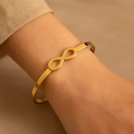 Infinity Symbol Bangle Bracelet for Women, Meaningful Eternal Love Jewelry, 925 Sterling Silver with 14K Gold Finish