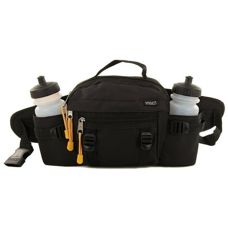 Fanny Pack With Bottle Holder Premium Fanny Waist Lumbar Pack with Water Bottle Holder Hiking Climbing Walking Outdoors by Everest, Includes 2 Everest Squeeze Bottles (Black) ()