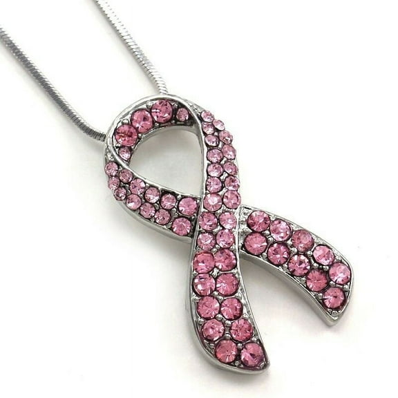 Light Pink Ribbon Breast Cancer Awareness Pendant Necklace Charm Silver Tone i8