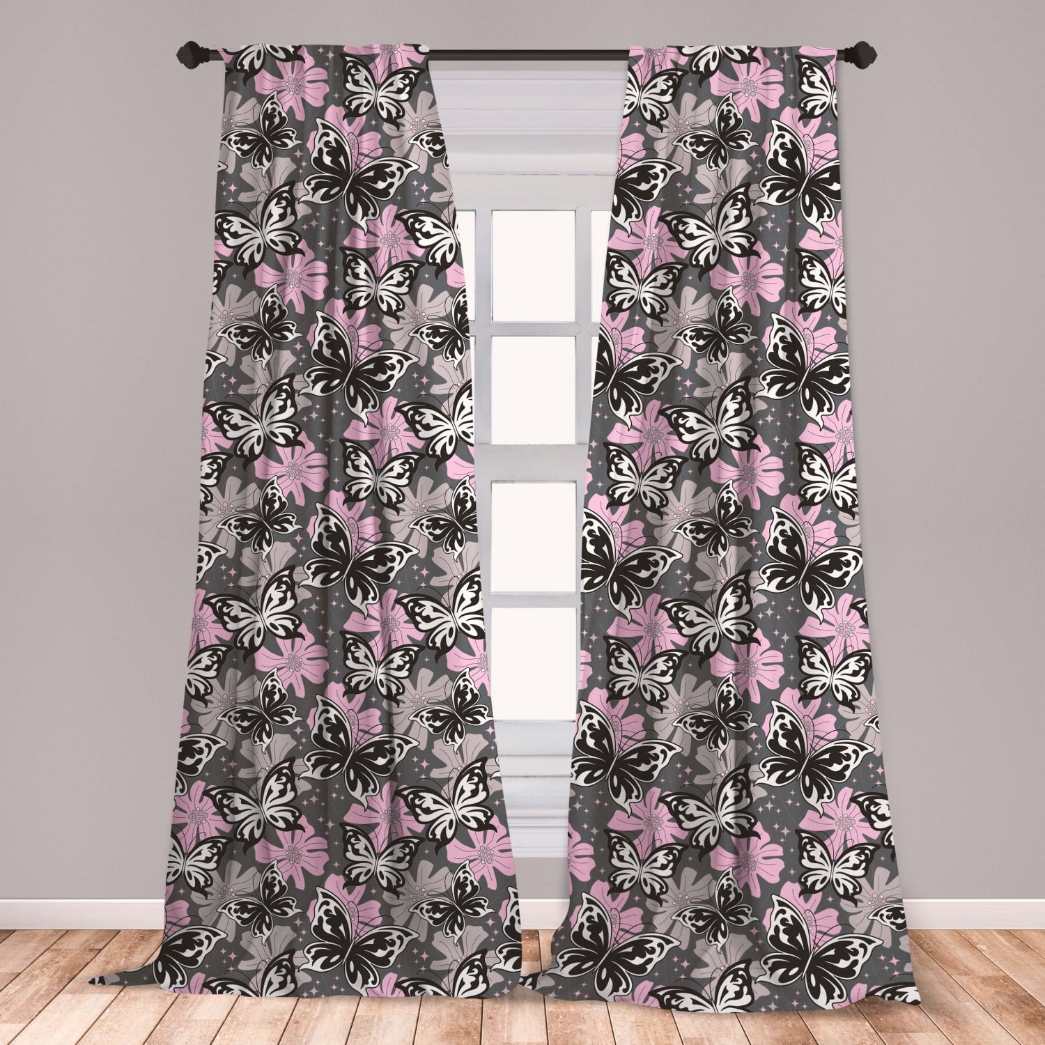 Butterfly Curtains 2 Panels Set, Ornamental Romantic Summer Vegetation Vibrant Backdrop