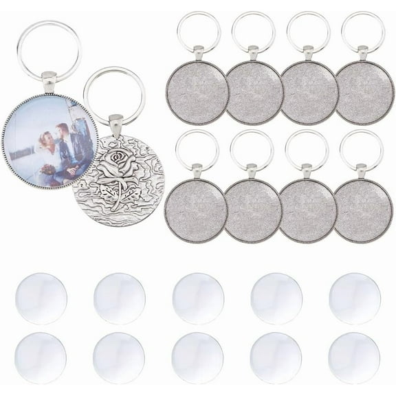 10 Sets Cabochon Keychain Blanks Keychain Pendant Tray 35mm Platinum Alloy DIY Keyring Making Kit with Rose Sculpture for Photo Personalized Key Chain Making Silver