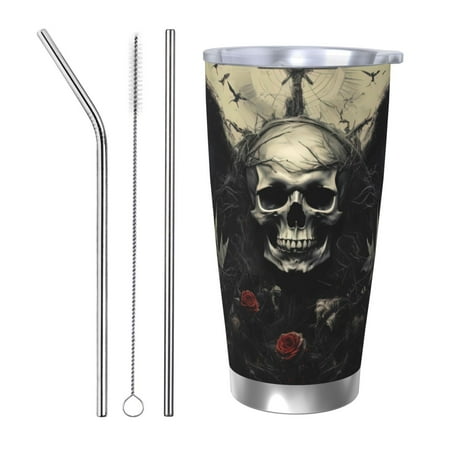 

Gaeub Vintage Winged Rose Skull Print 20-Ounce Stainless Steel Car Cup Tumblers Cups with Lids and Straw Coffee Cups for Adults Kids Home Car Office School Travel Party-Straw Three-piece Set
