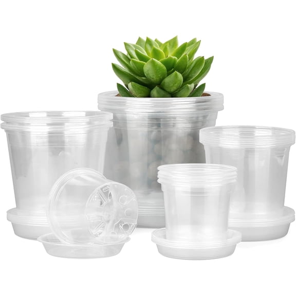 Clear Nursery Pots with Saucers, 20 Pack 4/5/6/7 Inch Plastic Plant Pots with Drainage Holes, Variety Pack Seedlings Garden Pot for Indoor Outdoor