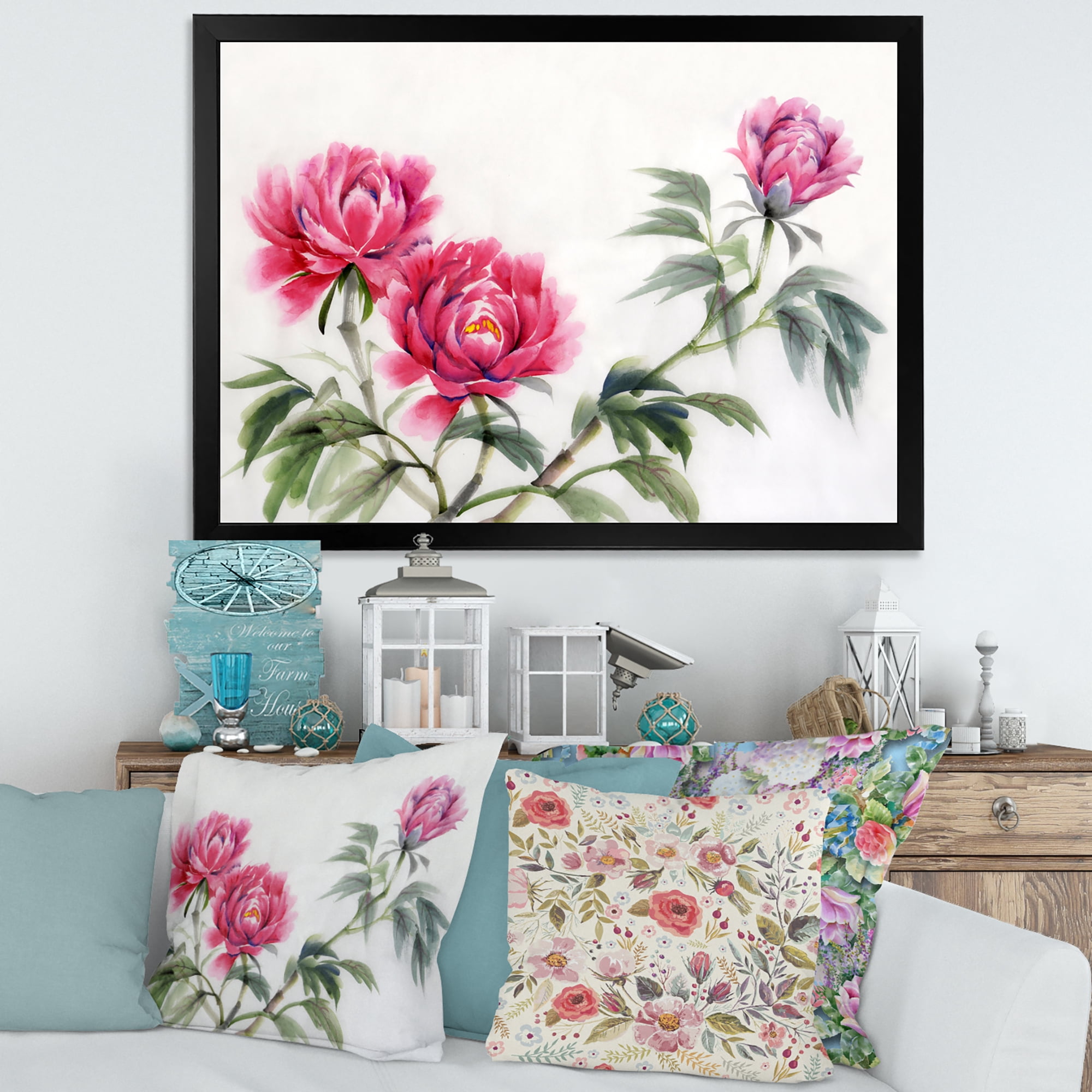 Designart 'Three Vintage Red Peonies Flowers' Traditional Framed Art Print