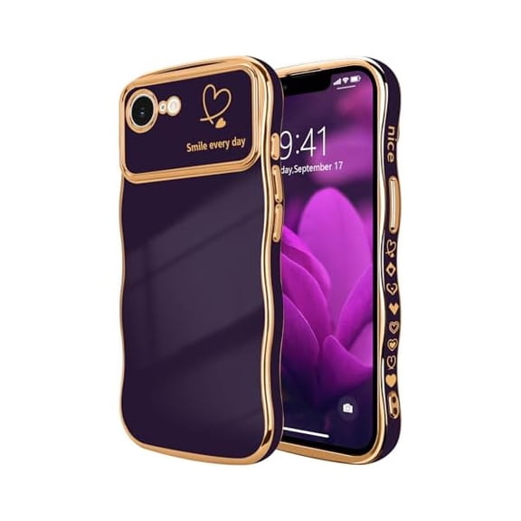 xixishop for iPhone 16e Case for iPhone 17e Case for Women Girls, Cute Wave Frame Curly Shape with Love Heart Camera Protection Luxury Plating Shockproof Phone Cover for iPhone 16e/17e, Dark Purple