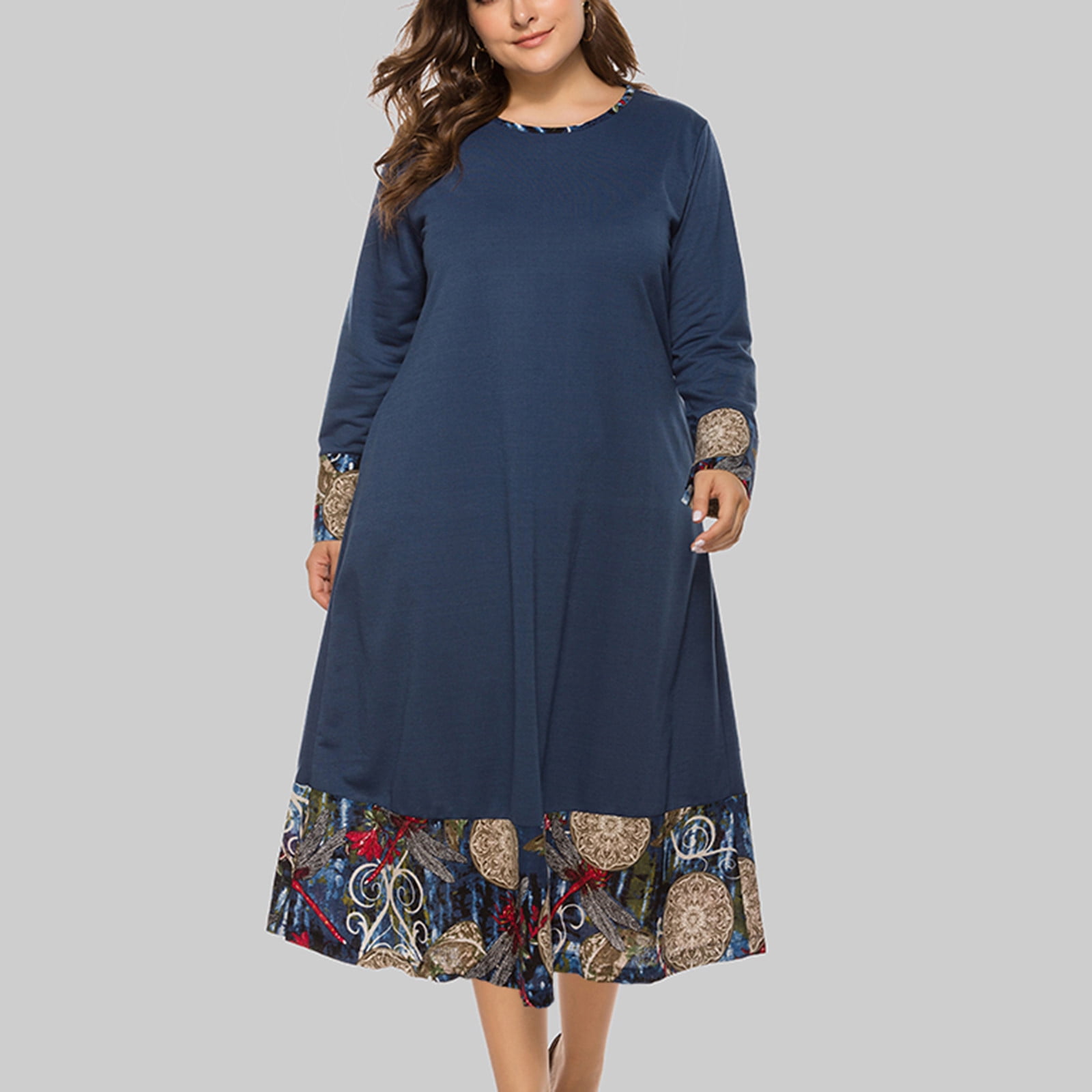 Plus Size Dresses for Women Crewneck Ethnic Style Printed
