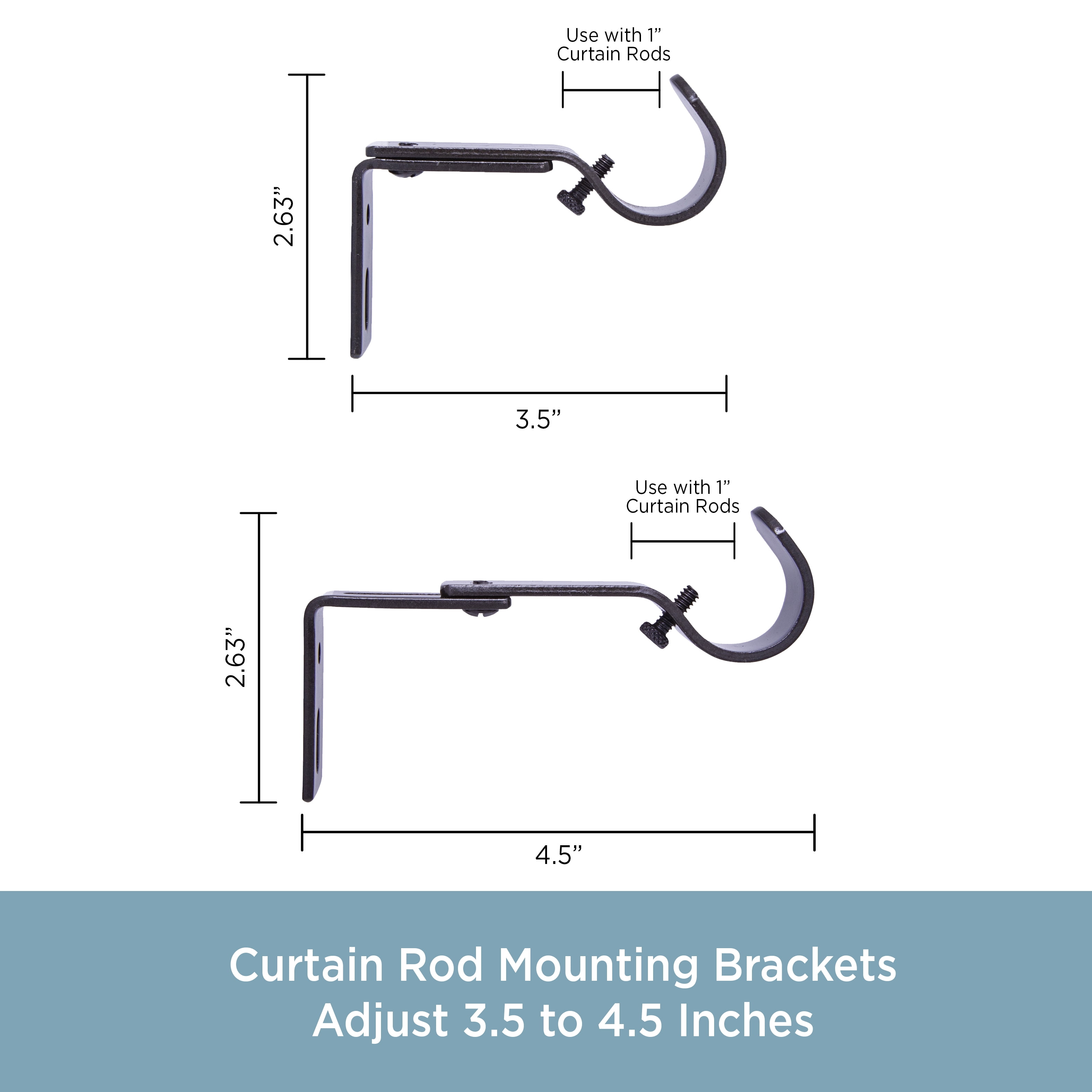 Kenney Adjustable Steel Curtain Rod Brackets Set, 1" Diameter, 3.5-4.5" Projection, Brown