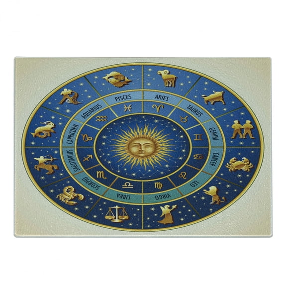 Astrology Cutting Board, Wheel of Astrological Signs Names Dates Moon Sun in Middle, Decorative Tempered Glass Cutting and Serving Board, Small Size, Blue Yellow and Cream, by Ambesonne