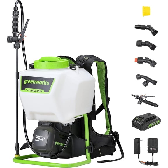 Greenworks 24V 4 Gallon Battery Powered Backpack Sprayer with 5 Tips, 70PSI Pressure-Weed Killer, Pest Control, Sanitizing & Garden Spraying, High-Pressure Sprayer, 2.0Ah Battery and Charger Included