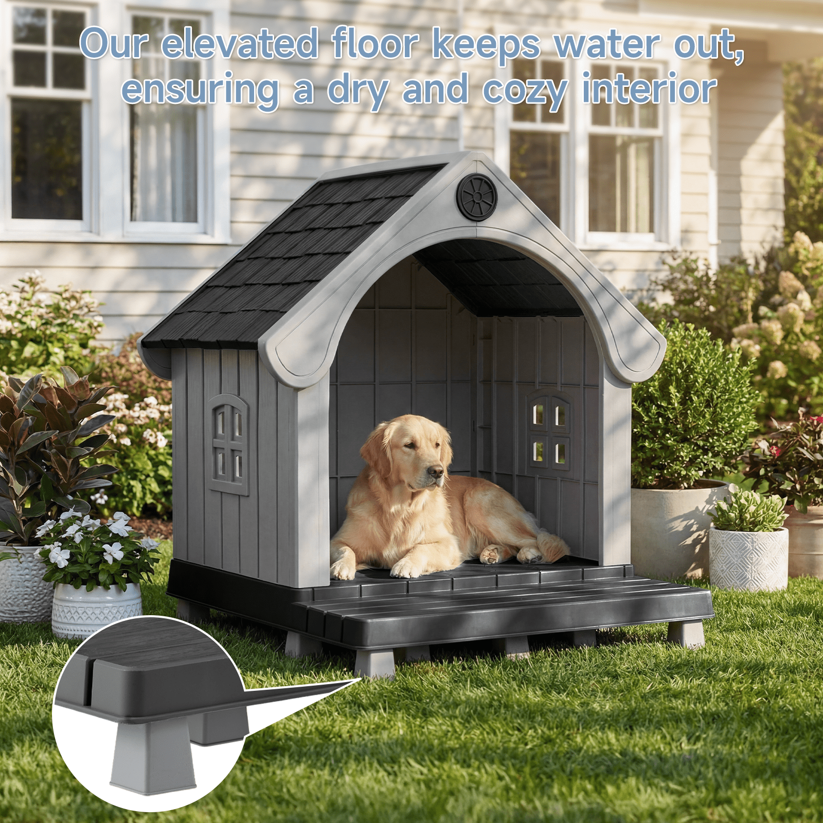 Dovov Plastic Dog House with Elevated Floor and Air Vents, Waterproof Doghouse Indoor Outdoor Dog Kennel with Porch, Large Puppy Shelter, Black Gray