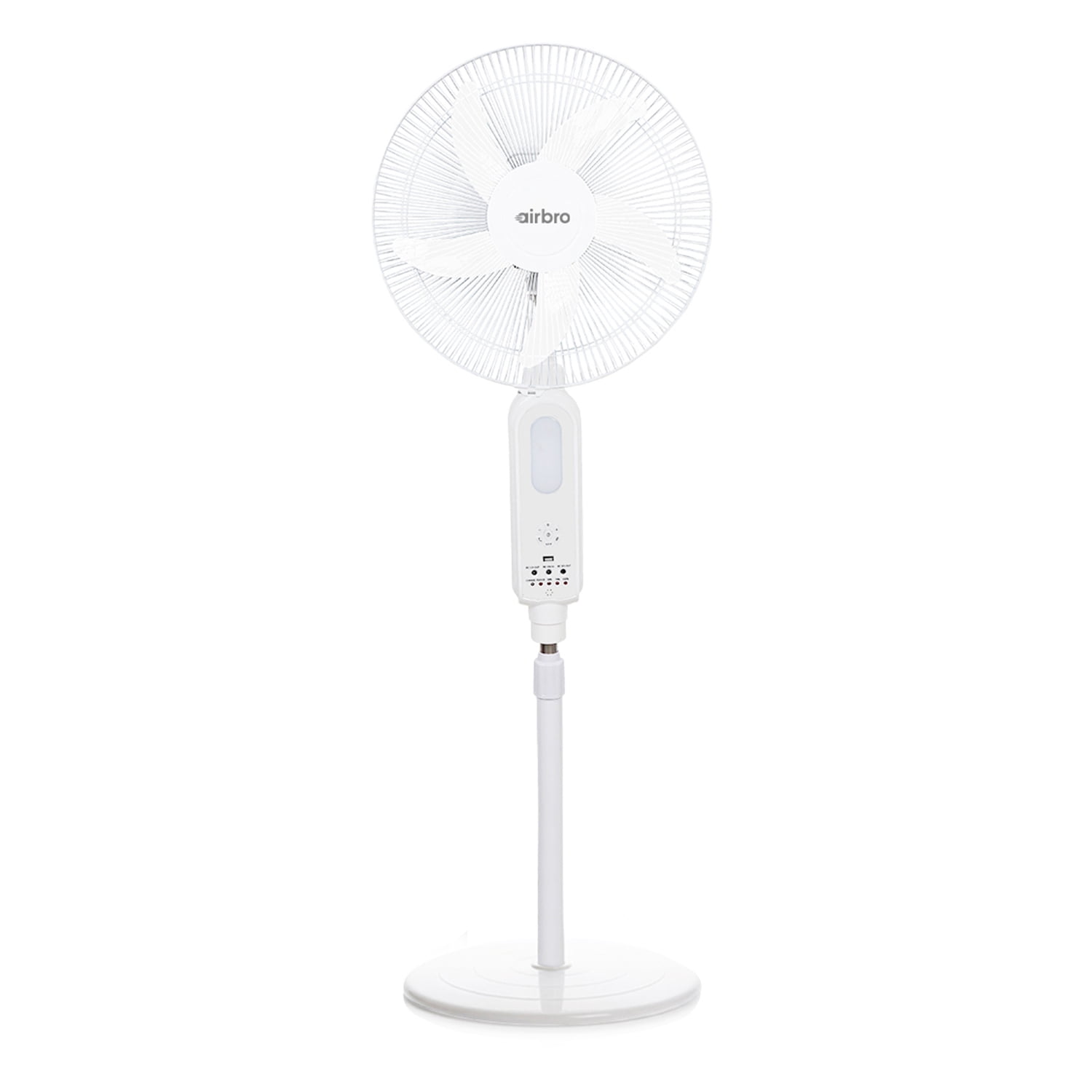 airbro 16-In. Portable Rechargeable 70° Oscillating Stand Fan with Power Bank, 3 Speed, 1,200 CFM, 5 Blades, LED, Max 20 Hours Run Time, Solar, Remote
