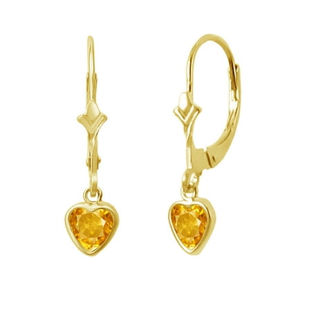 - 14K Gold Fleur De-Lis Lever Back Earring with Dangling 5x5mm Heart Yellow CZ
