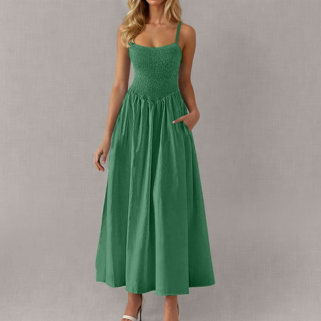 RBCKVXZ Robes Maxi d'Été pour Femmes Col Carré Décontracté Sans Manches Design Plissé Robe Trapèze avec Poches Vert m