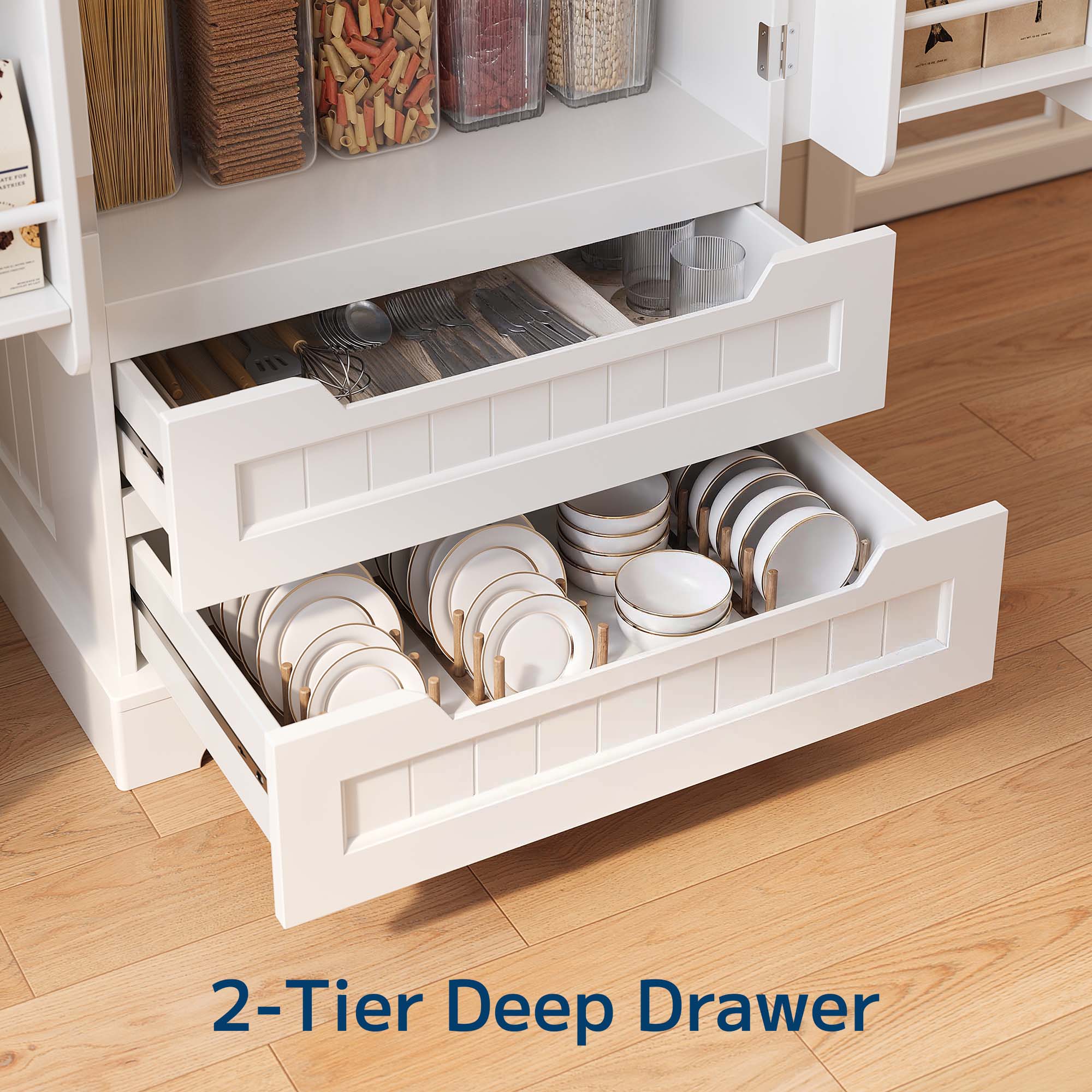 Pantry Storage Cabinet with 2 Drawers，Asofer 47" Kitchen Small Food Pantry Cabinet for Dining Room, White