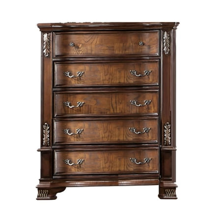 Prio Tall Dresser Chest, 5 Drawers, Classic Wood Carved, Cherry Brown
