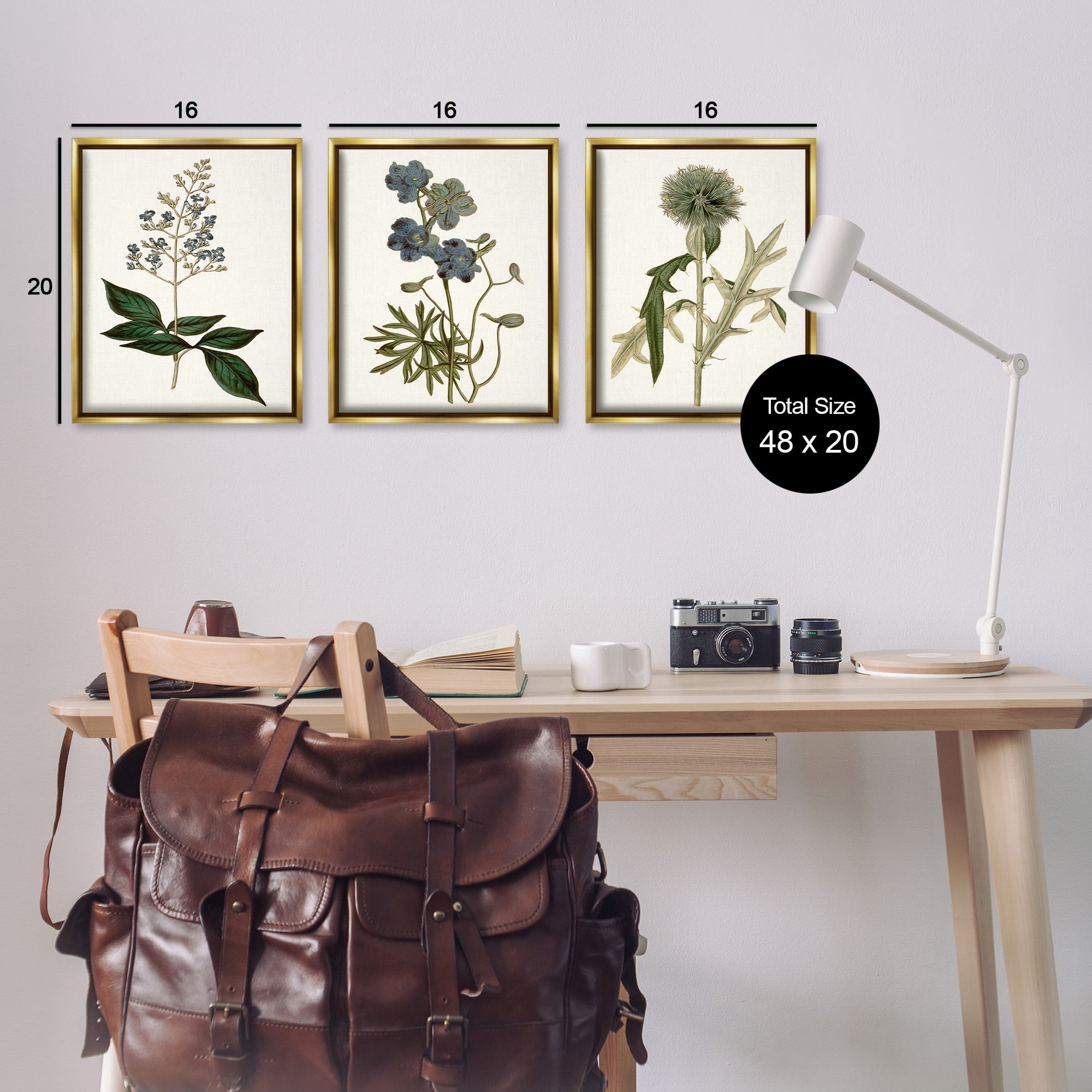 Stupell Industries Vintage Botanical Flowers on Beige Botanical & Floral Painting Gold Floater Framed Canvas Art Print Wall Art, 17 x 21, Set of 3