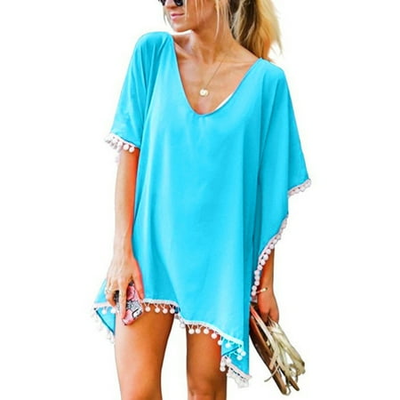 DondPO Swimsuit Coverup for Women Beach Cover Ups Chiffon Bikini Tassels Trim Cover Beach Tops Loose Kaftan Up Swimwear Swimwears Tankinis Set Womens Swimsuits Beach Dresses for Women Light blue S