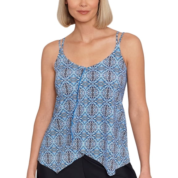 Swim Solutions Womens Printed Handkercheif-Hem Tankini Swim Top