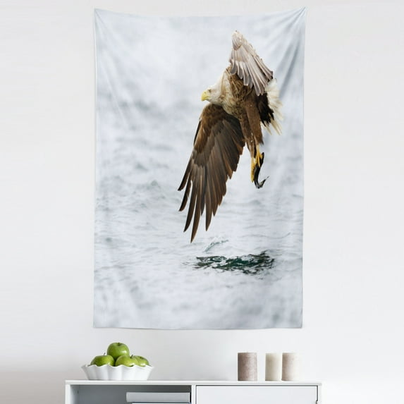 Eagle Tapestry, Bird with Feathers on Head and Tail Catching a Fish Hunting Animal Food Chain, Fabric Wall Hanging Decor for Bedroom Living Room Dorm, 5 Sizes, Pearl Brown Yellow, by Ambesonne