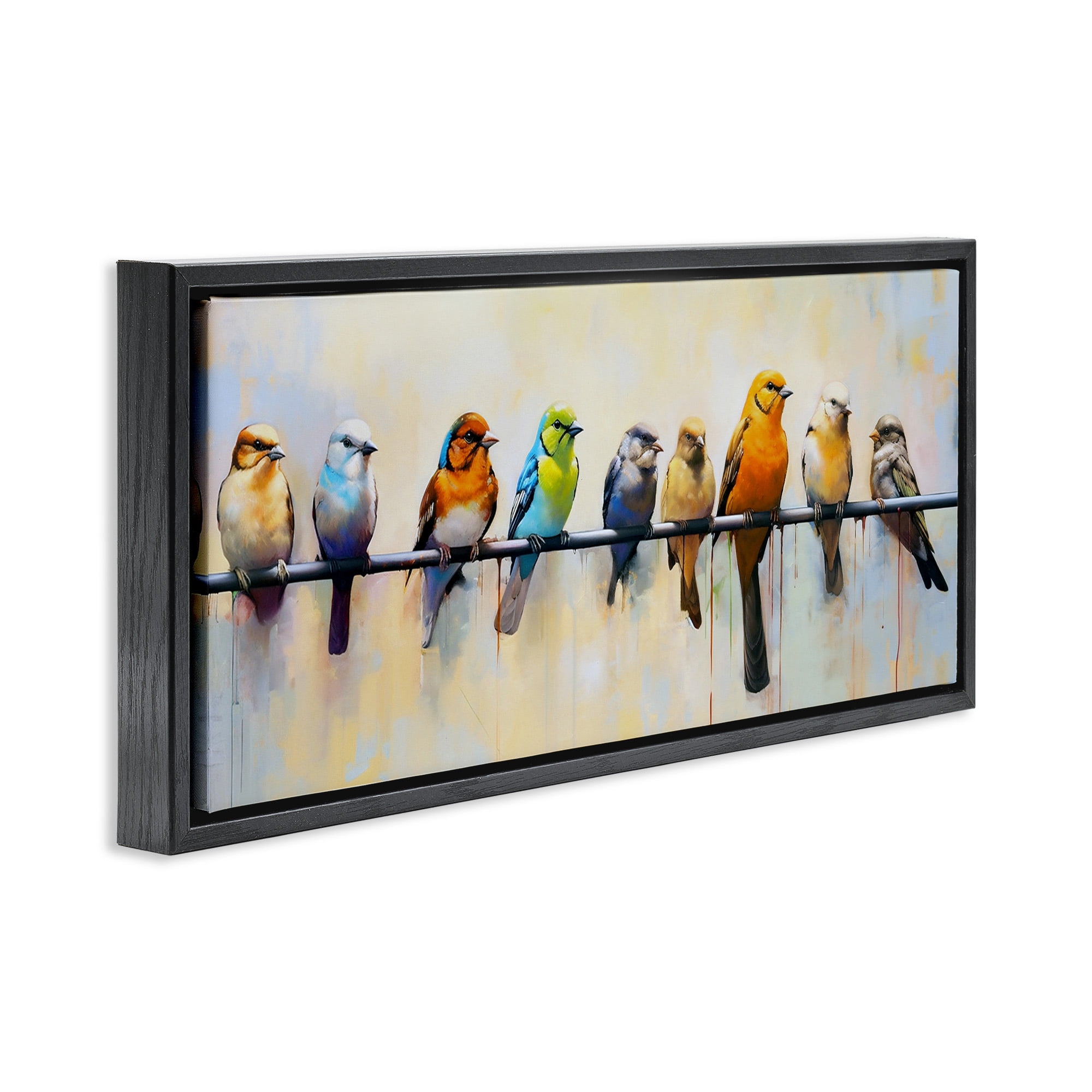 Stupell Industries Modern Birds Perched Animals & Insects Painting Black Floater Framed Canvas Art Print Wall Art, 31 x 14
