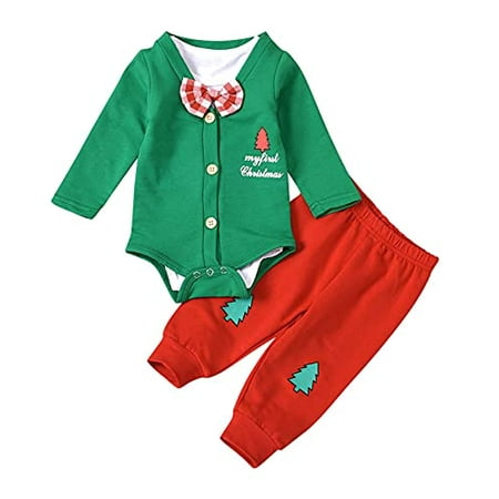 

StylesILove Infant Baby Boys My First Christmas Green Gentlemen Cardigan Suit and Bow Tie Bodysuit Pants 3pcs Cotton Holiday Outfit (24 Months)