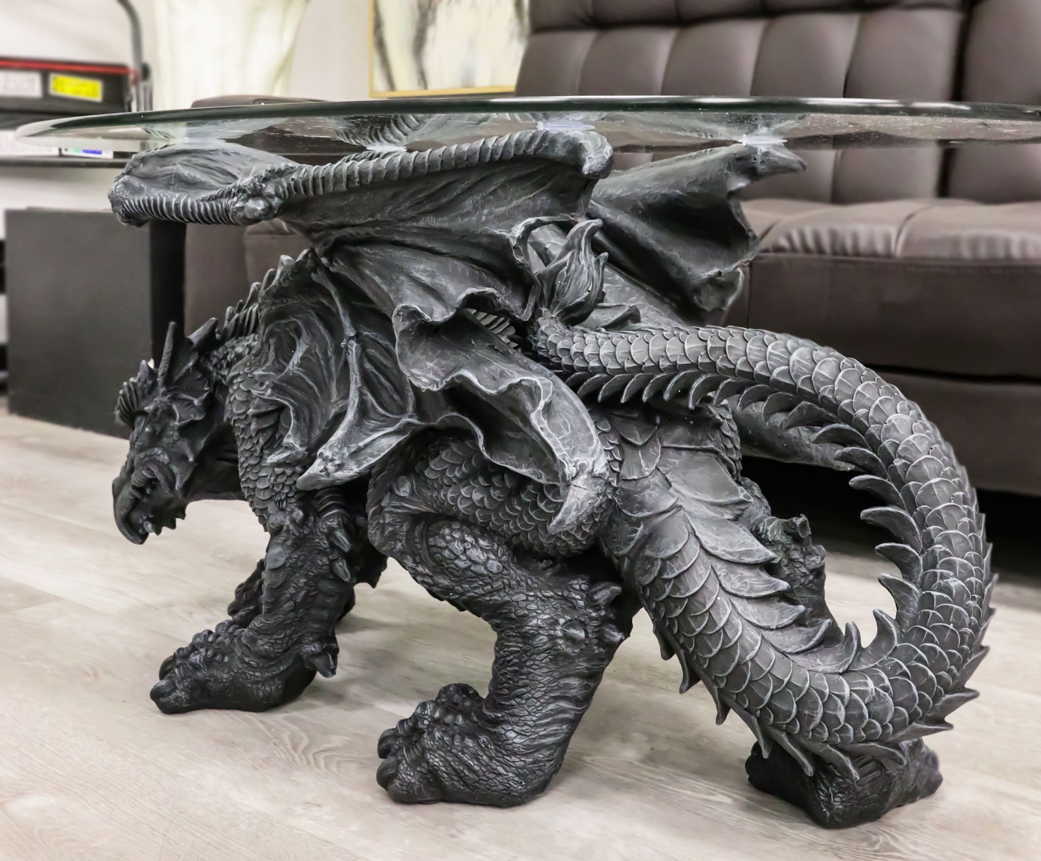 Faux Stone Medieval Gothic Prowling Dragon Sculptural Oval Coffee End Table