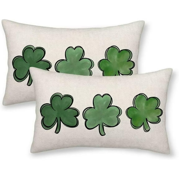 Watercolor St Patricks Day Throw Pillow Covers 12x20 Inch Set of 2, Spring Shamrock Lucky Clover Pillow Covers Farmhouse Linen Shamrock Green Cushion Case Decoration for Sofa Couch Outdoor