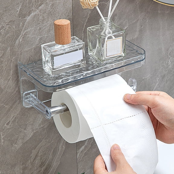 Amketima No Drill Bathroom Toilet Paper Holder with Shelf Acrylic Aluminum Wall Mounted 7.28 Inch for Tissue Roll Storage Phone Wipes