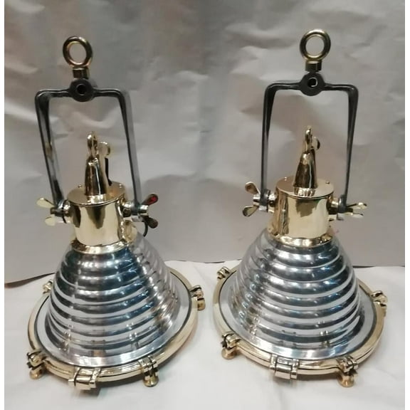Set of 2 Nautical Ceiling Pendant Lights – Polished Aluminum & Brass Industrial Hanging Fixtures