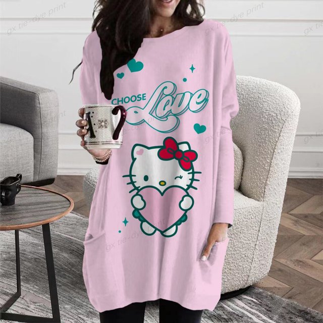Camiseta de manga larga con estampado de Hello Kitty para mujer, ropa de calle con estampado de dibujos animados, informal, elegante, Y2K, otoño