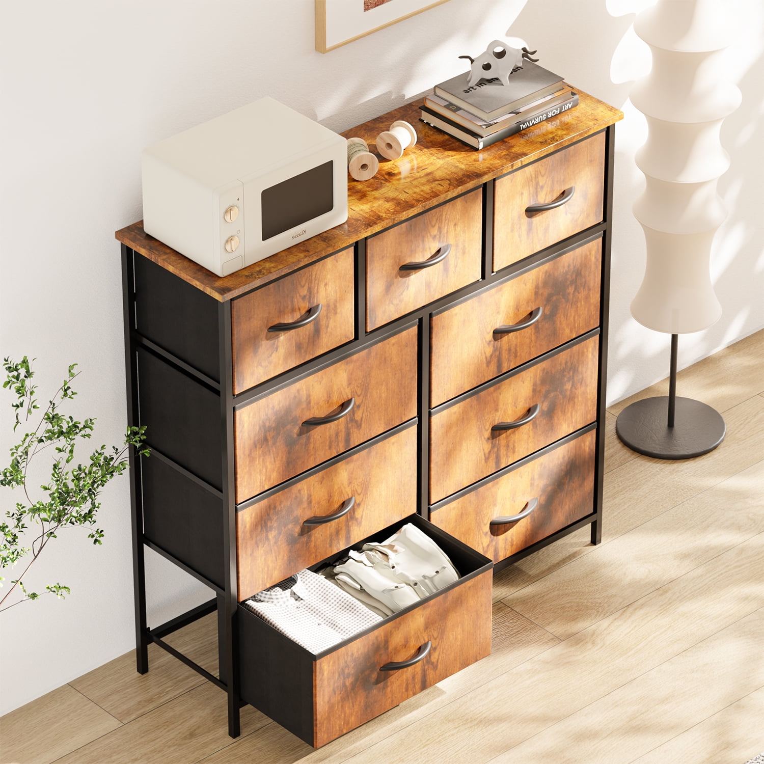 ZUNMOS 9 Drawer Fabric Dresser for Bedroom, Chest of Drawer Organizer Storage Cabinet for Closet, Entryway, Rust Brown
