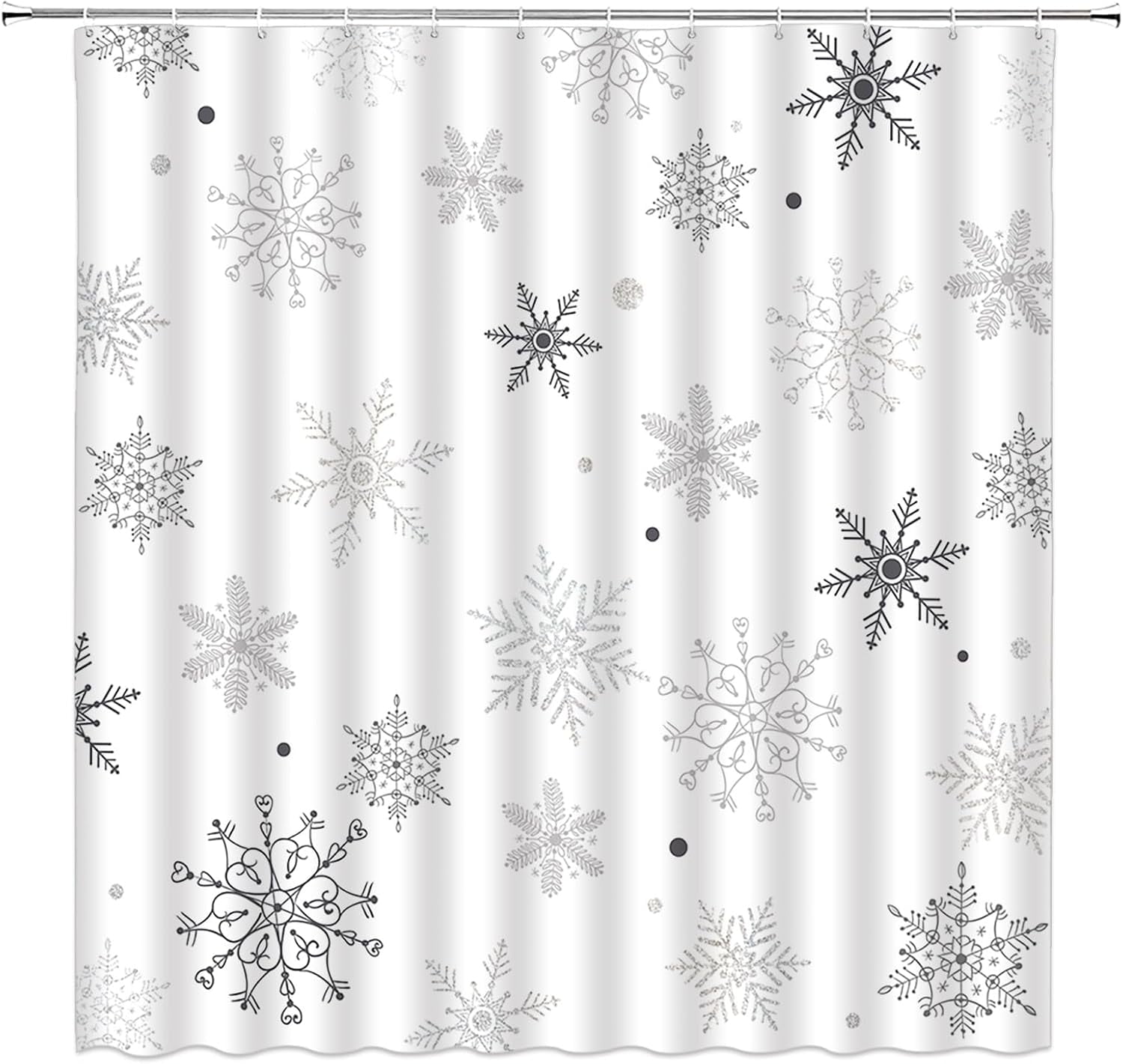 Christmas Snowflake Shower Curtain Winter Snowy Gray Merry Christmas Holidy Fabric Bathroom Curtain Set with Hooks(70" Wx84 H)