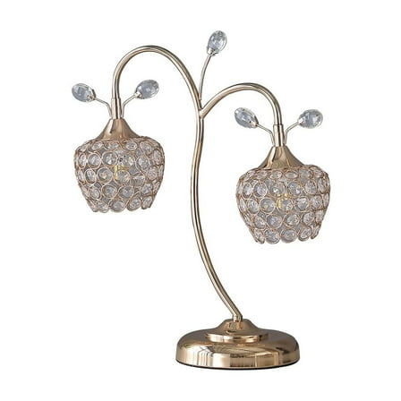 Floral Tree Design Metal Table Lamp with Dome Shade and Crystals, Gold- Saltoro Sherpi