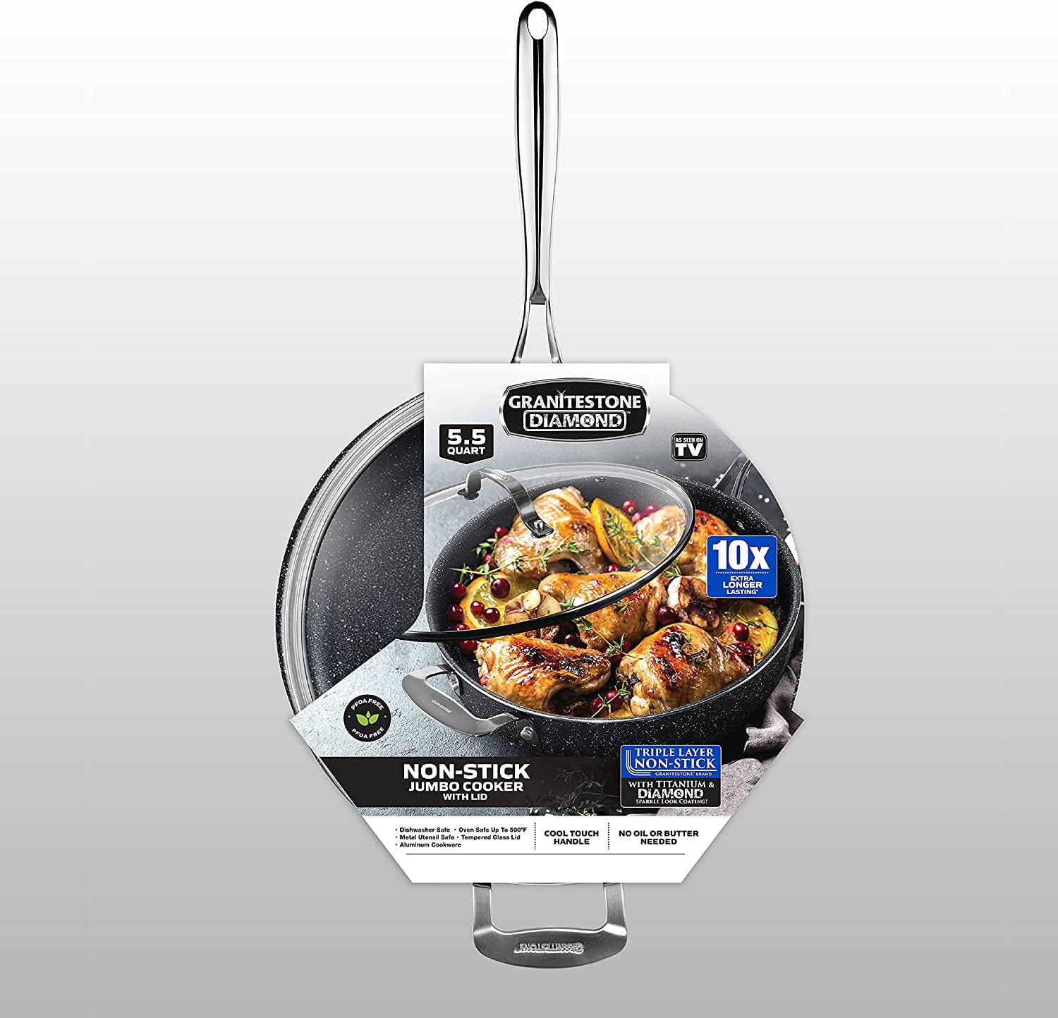 Granitestone Jumbo Cooker with Lid, Nonstick Triple Coated Surface, Family Sized Open Skillet with Stainless Steel Stay Cool & Helper Handle, Oven and Dishwasher Safe