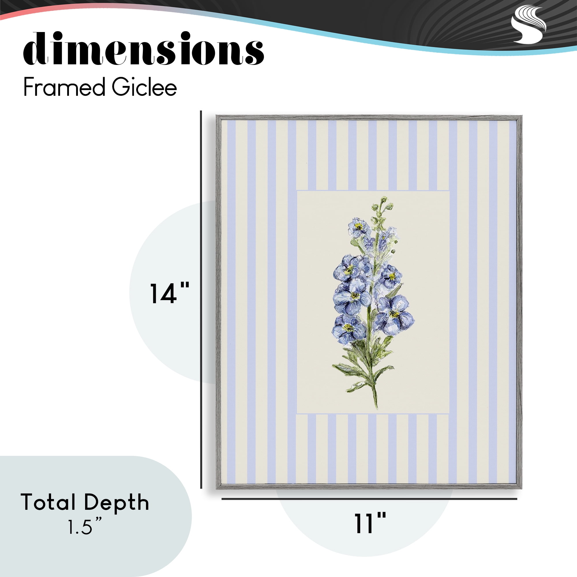 Blue Stripe Larkspur Gray Framed Giclee Art, design by Lisa Wehmeyer