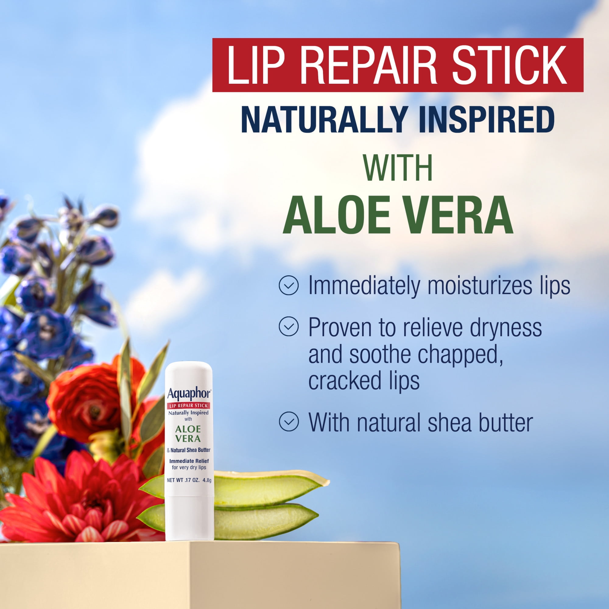 (3 pack) Aquaphor Naturally Inspired Lip Repair Balm Stick for Very Dry Lips with Aloe Vera, 0.17 oz, 2 Pack