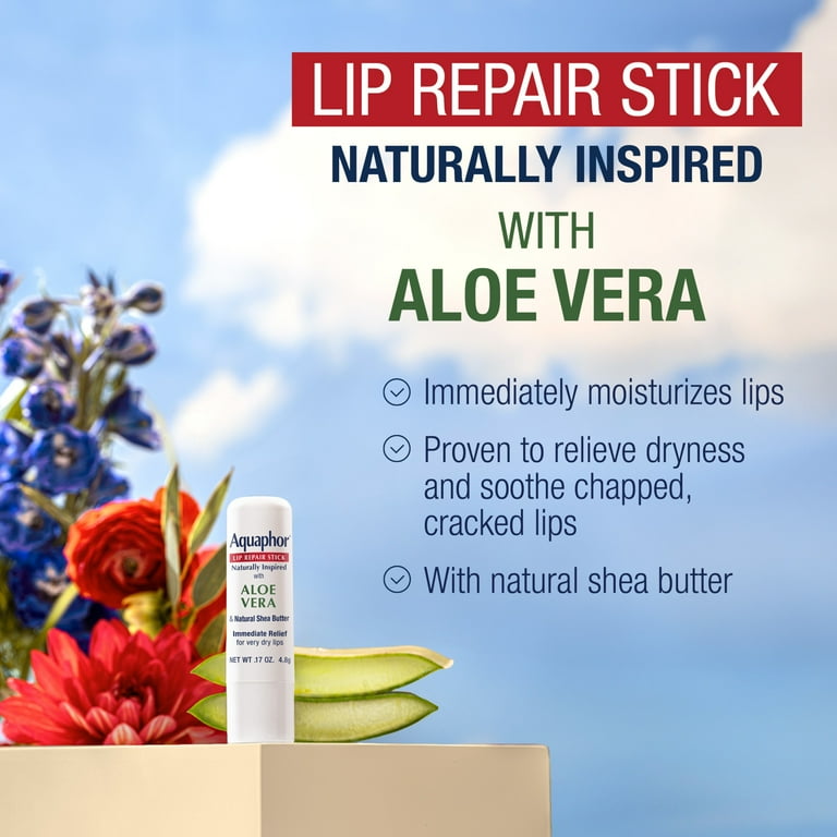 Aquaphor Naturally Inspired Lip Repair Balm Stick for Very Dry Lips with  Aloe Vera, 0.17 oz