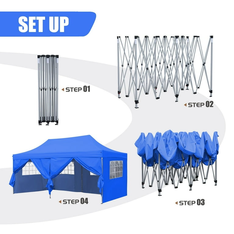【ept】BONITO (OFF WHITE/BLUE) R6246 Zenova 10'x20' Pop up Canopy Tents with 6 Sidewalls Portable