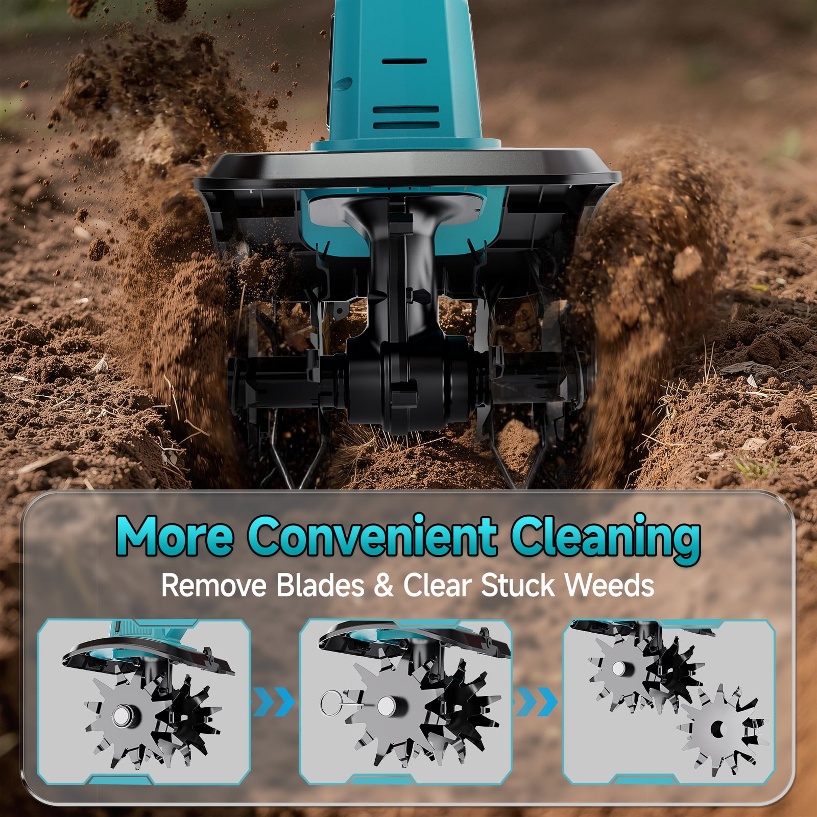 Garden Tiller Cultivator, Manganese Steel Tines, 2×Battery & Charger, for Soil Tilling Weeding Plowing, Compact Lightweight Garden Tool, Local Warehouse Shipping