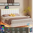 thumbnail image 3 of Queen Size Floating Bed Frame with LED Lights and USB Charging Station, Modern Platform Bed with Headboard,Wood Slats Support,No Box Spring Needed,White+PU, 3 of 8