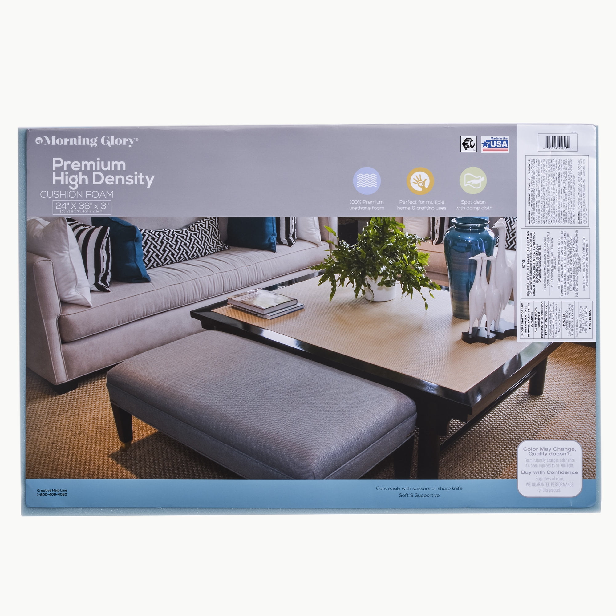 (4 pack) Morning Glory High Density Craft and Cushion Foam, 24" x 36" Rectangle x 3" Thick, 1 Each. Blue