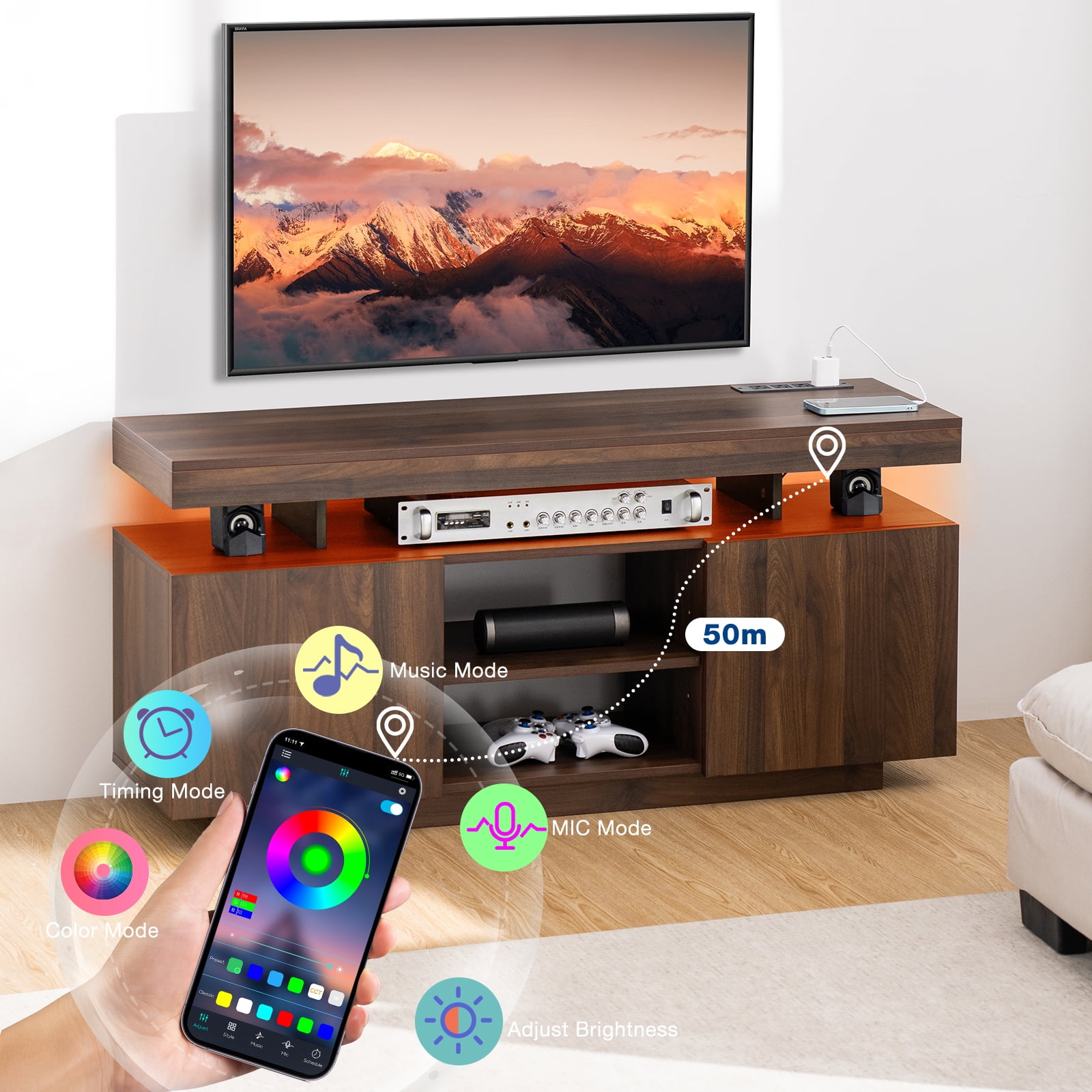 TV Stand with LED Lights for TVs up to 55 Inch TV Console Storage Cabinet Entertainment Center