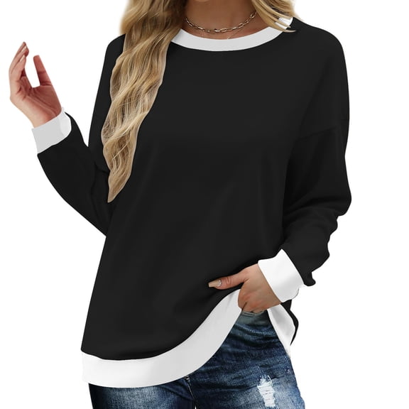 Nmnitkp Womens Tops Soft and Comfortable Sweatshirts for Women Crewneck Long Sleeve Shirts for Women Loose Fit Tops Color Block Ribbed Trim Fashion 2025